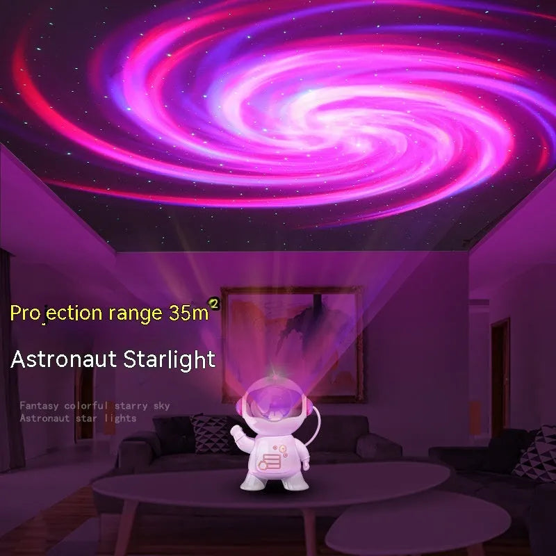 White astronaut starry sky projection lamp with 8 colour options and remote control on a shelf