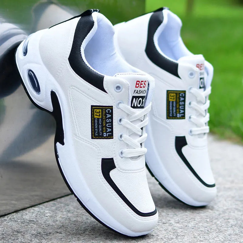 Waterproof synthetic leather casual running shoes with platform sole, lace-up, round toe, available in black breathable or white four seasons