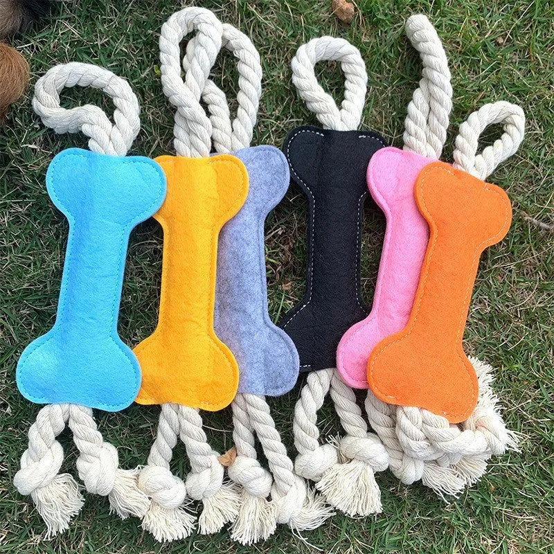 Bone-shaped dog chew toy with a rope knot interior and a soft felt exterior, shown in blue colour.