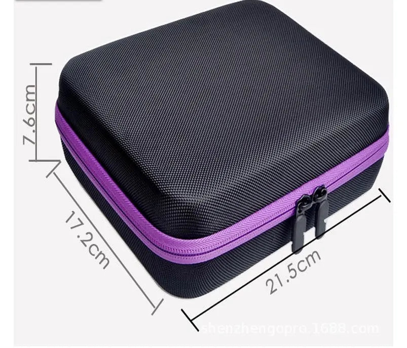 Red EVA cube essential oil storage bag with 30 compartments and a zip, shown next to bottles.