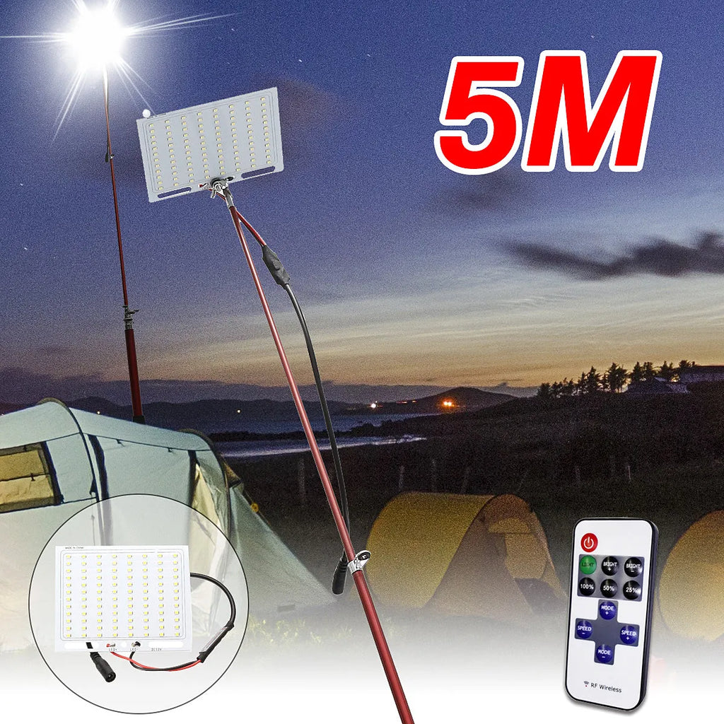 White LED fishing rod light with telescopic pole extended to 5 metres showing remote control