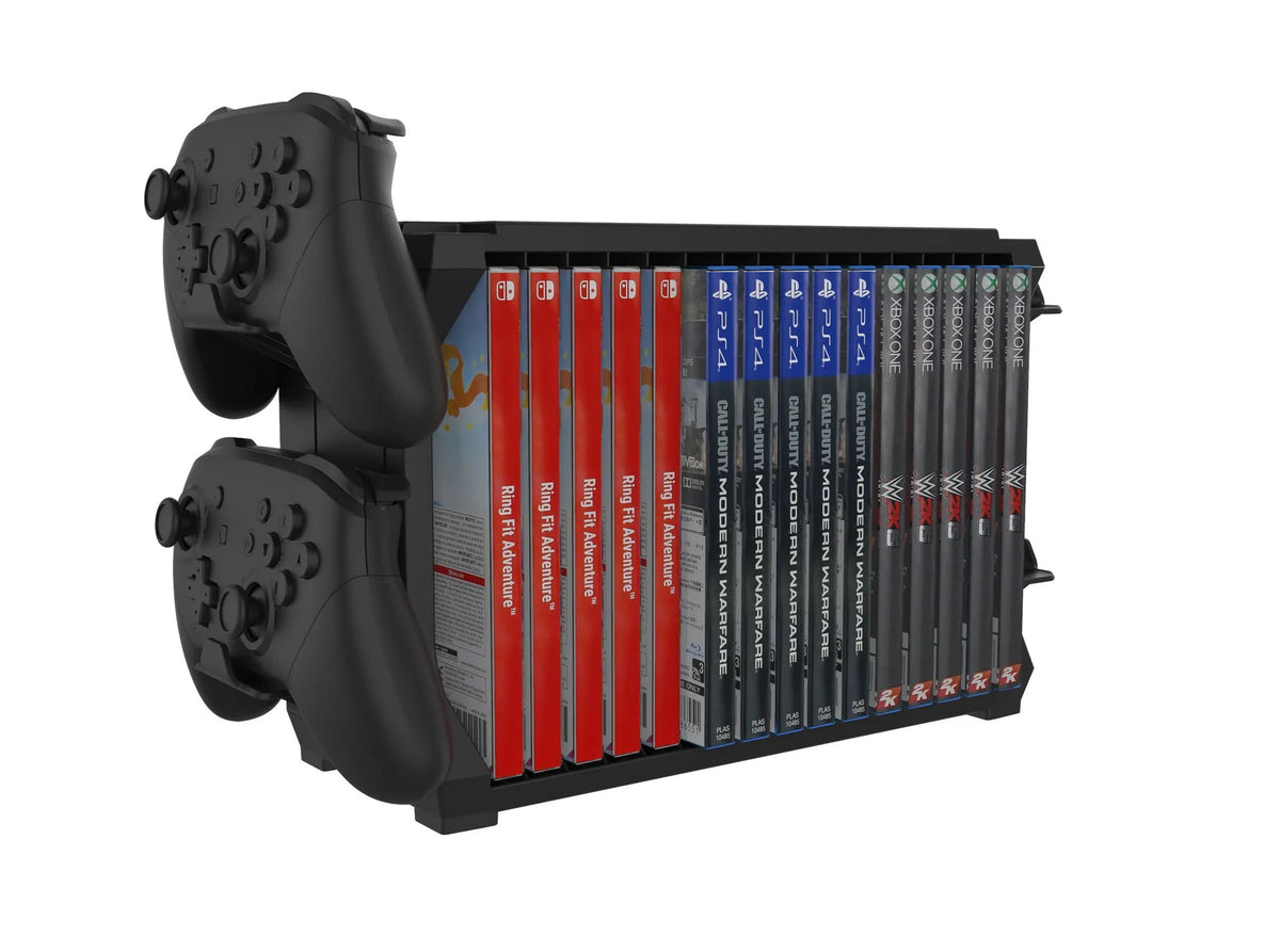 Black ABS PS5 disc holder storing game cases and four controllers for multiple consoles.