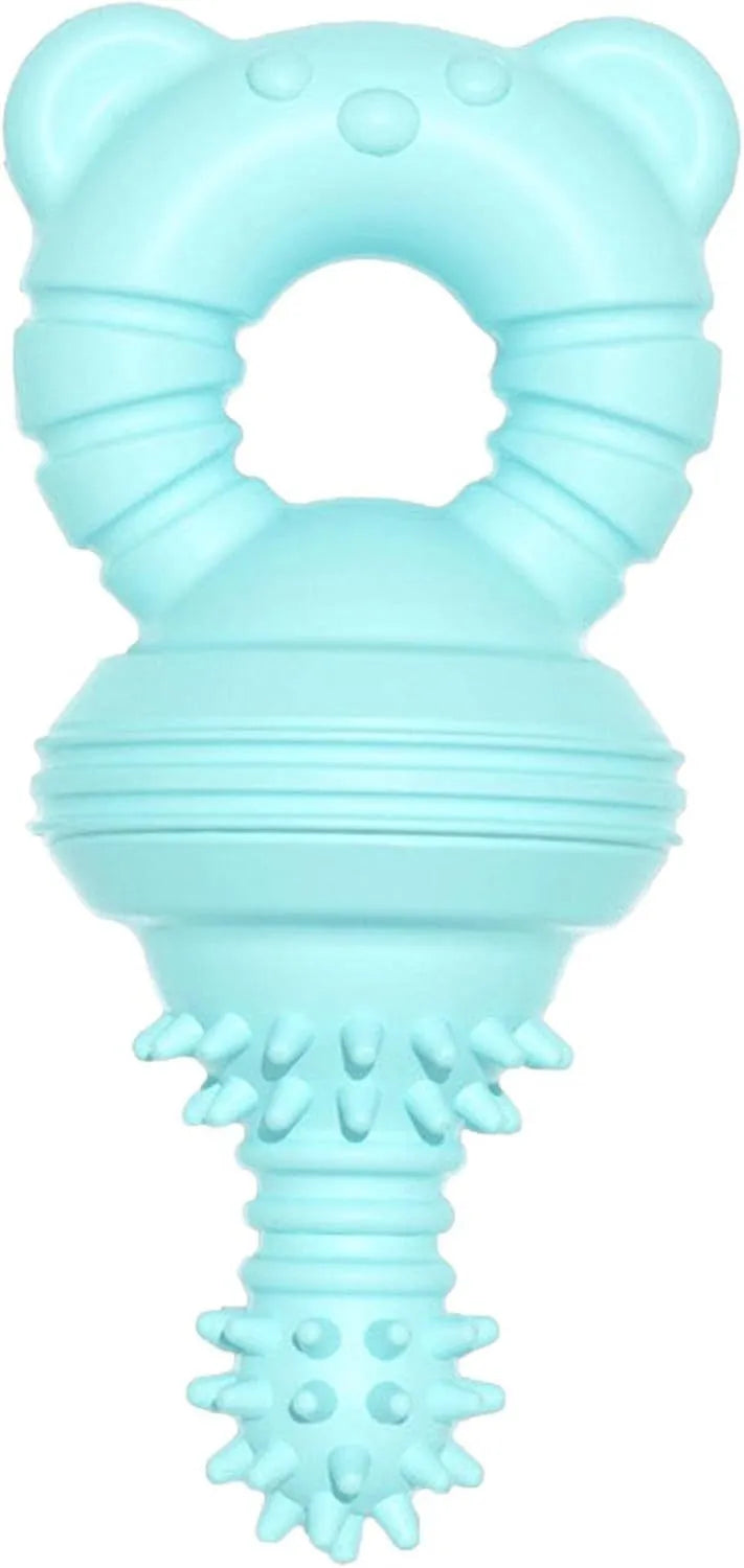 Blue rubber dog chew toy with textured surface and bell feature for teeth cleaning and play