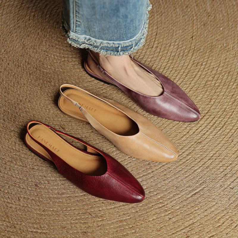 Women's flat summer sandals with pointed toe, hollow out detail, pigskin lining, beef tendon sole