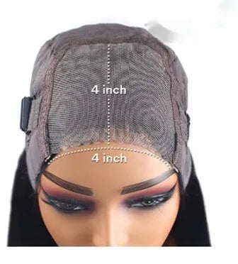 A glueless human hair straight wig with side bangs, shown in a long length.