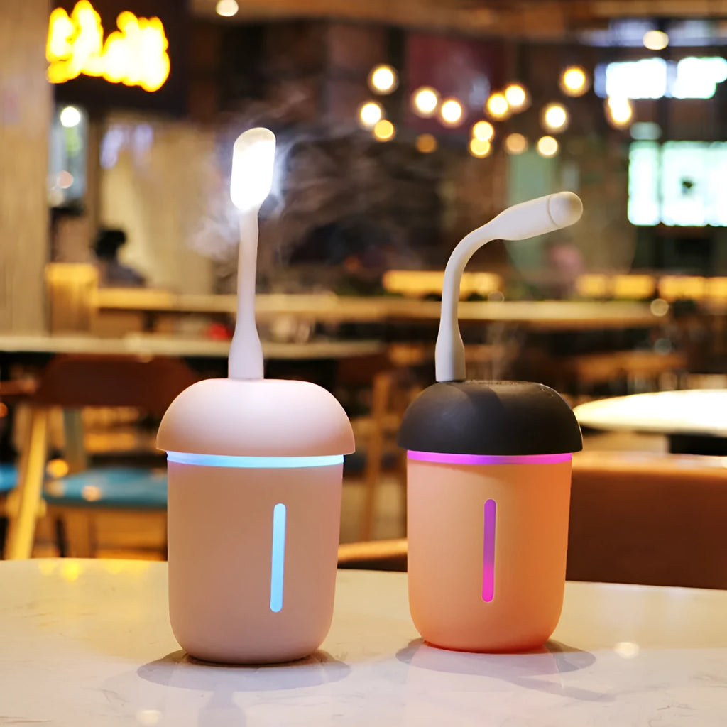 Mushroom-shaped USB charging air purifier humidifier with fan and night light in coffee colour on desk