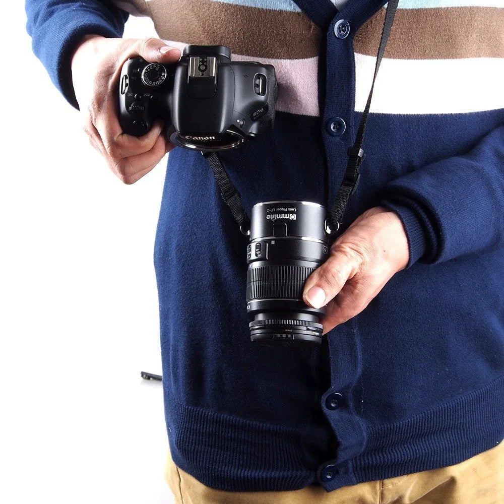 Aluminium alloy camera lens flipper dual holder system with stainless steel buckle and cotton strap