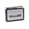 Compact cassette to MP3 converter unit with USB cable and headphones for digital audio transfer.