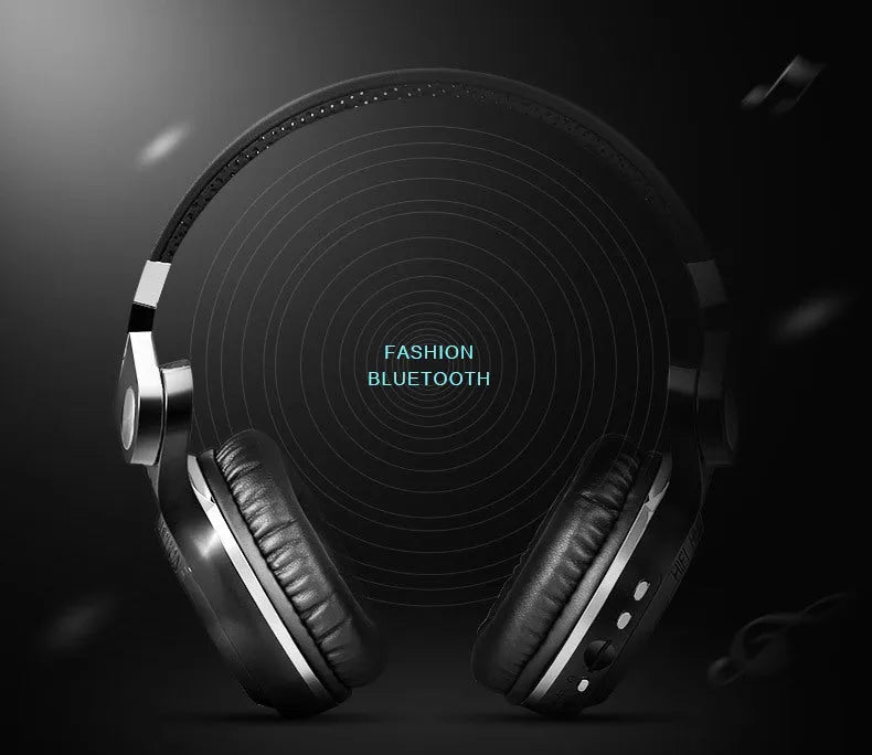 Bluetooth stereo headset in black, blue, red, or white colour with over-ear design and in-line subwoofer card.