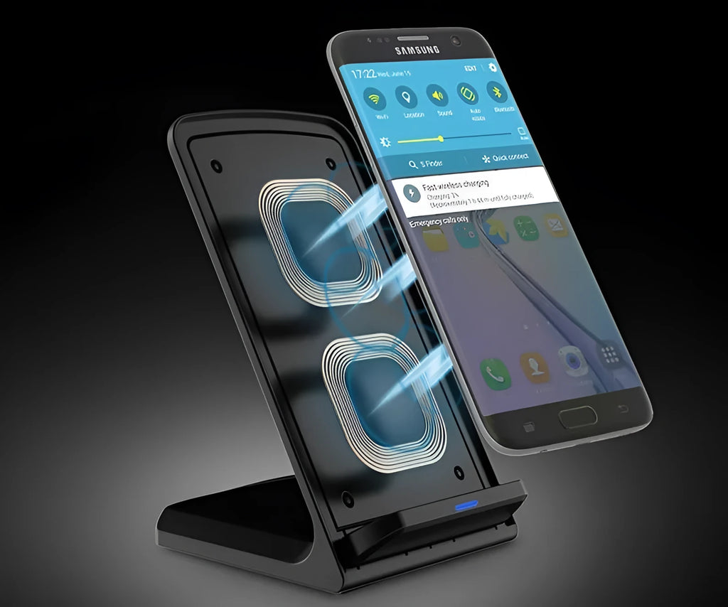 Wireless mobile phone charger in black with Micro USB input and charging indicator light