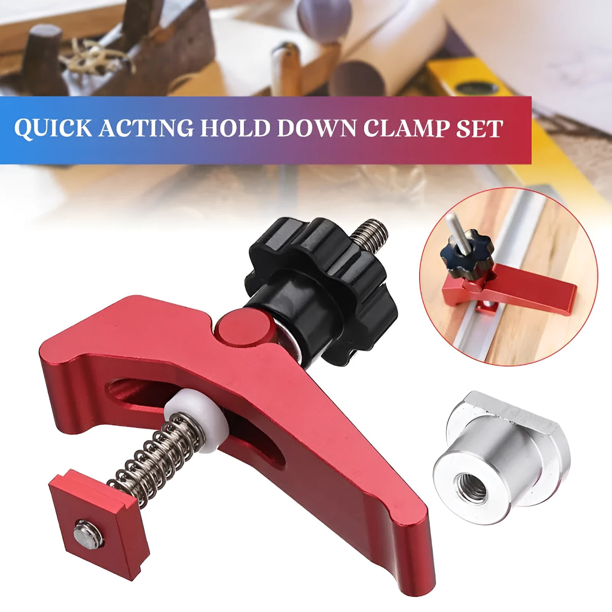 Red aluminium alloy woodworking table block slide holder with flat mouth and 200g weight.