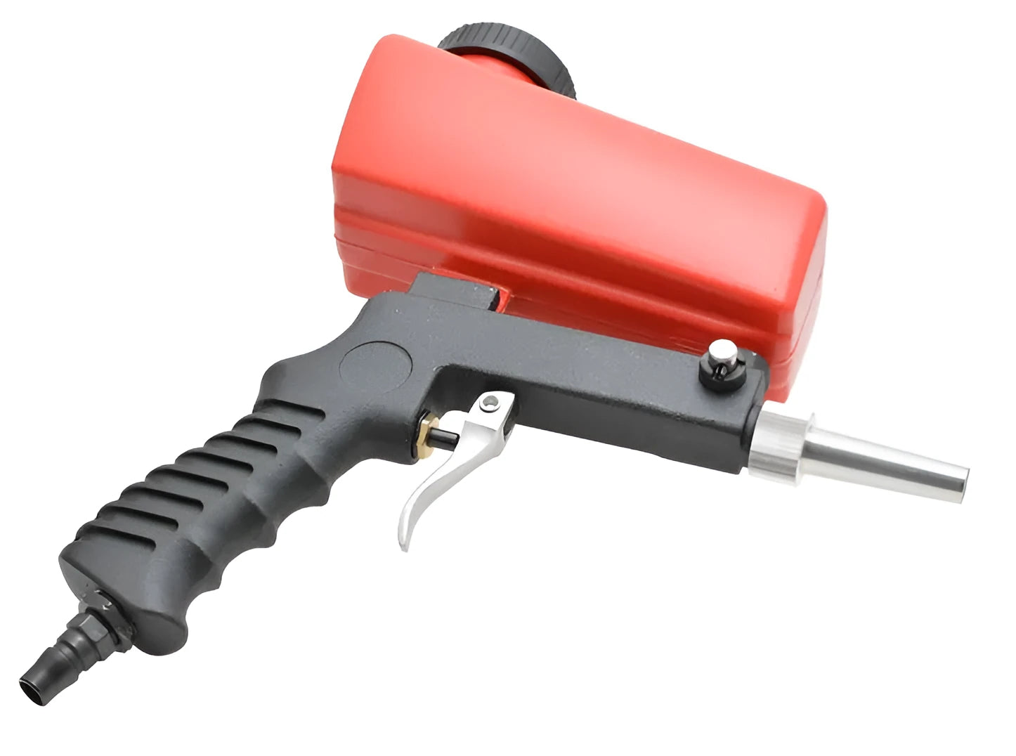 Portable black gravity-feed pneumatic sandblasting gun with 21lb tank.