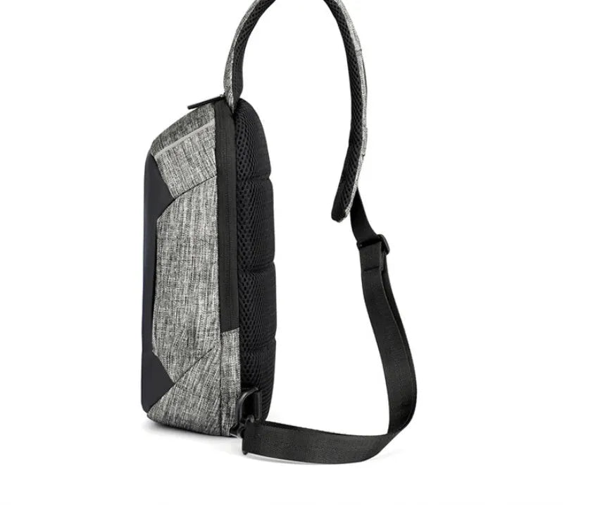 Oxford cloth waterproof chest bag in dark blue colour showing front zipper compartment and adjustable strap