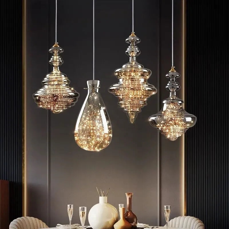 Modern glass ceiling chandelier droplight with adjustable height and remote control