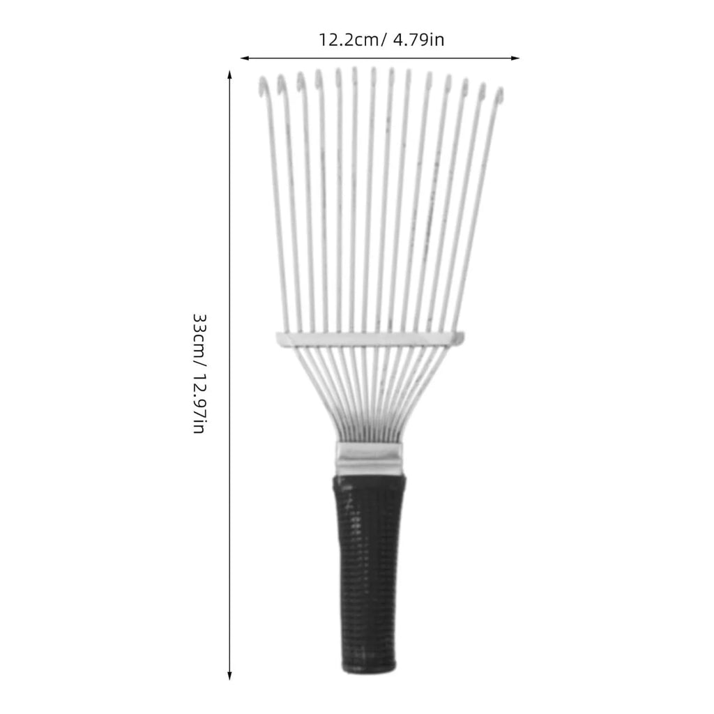 Stainless steel pet grooming brush with curved metal teeth measuring 33 cm