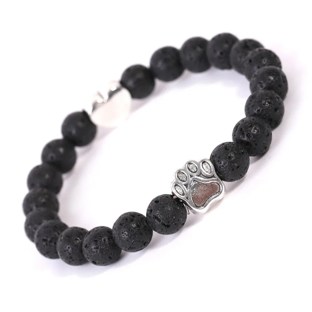 Polished tigereye and Indian agate bracelet with a geometric dog's paw design and love heart charm.