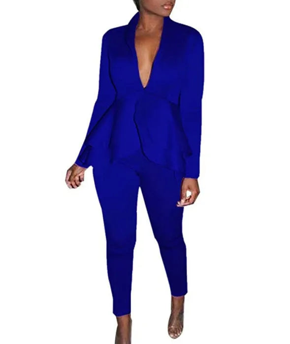 Business uniform two-piece set showing ruffled top with matching pencil pants in polyester fabric