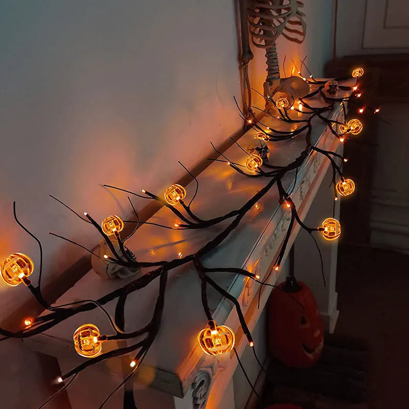 Halloween LED willow vine string light with 18 bat or pumpkin rattan lights, 100 LEDs and 2000 mm length
