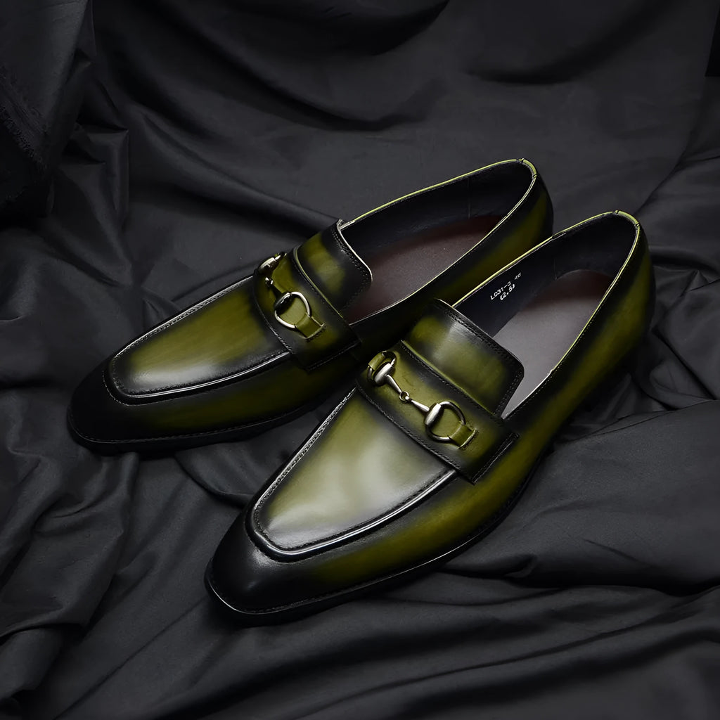 Men's cowhide leather slip-on shoes with pointed toe, low horseshoe heel, plaid print, green or black
