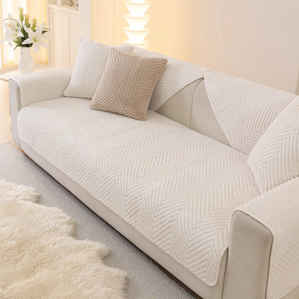 Solid colour plush sofa cover cloth in white khaki or grey, sizes 70x70cm to 110x240cm with matching pillowcase option