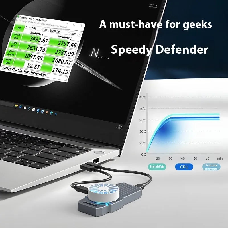 Silver USB4 external hard drive enclosure for NVMe M2 solid state drives, showing compact aluminium body.