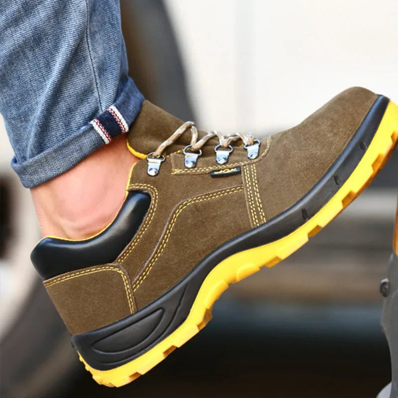 Bronze cowhide steel toe safety shoes with low-cut design and non-slip sole