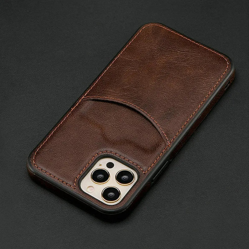 Dark blue PU leather protective case for an iPhone, showing front and back views.