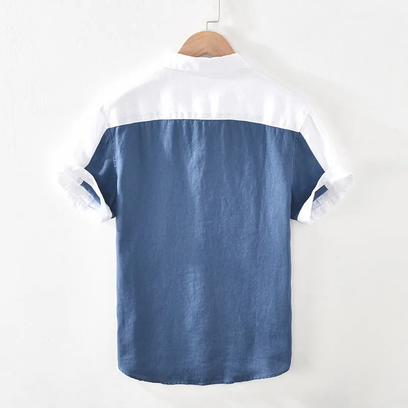 Men's white patchwork linen short sleeve shirt with square collar and loose fit, sizes M to 3XL