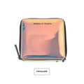 Short folding women's wallet in PU leather showing crystal blue, glitter and green colour options