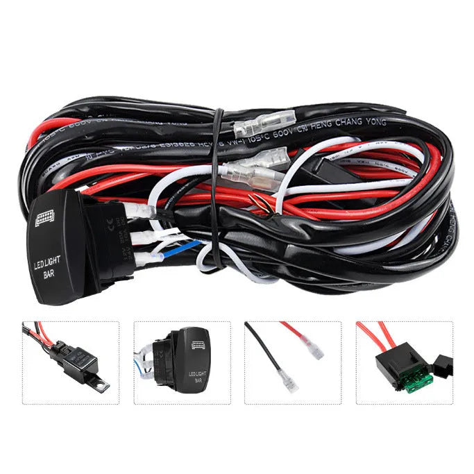 Black off road LED spotlight cable set with 2 metre wiring harness and integrated switch