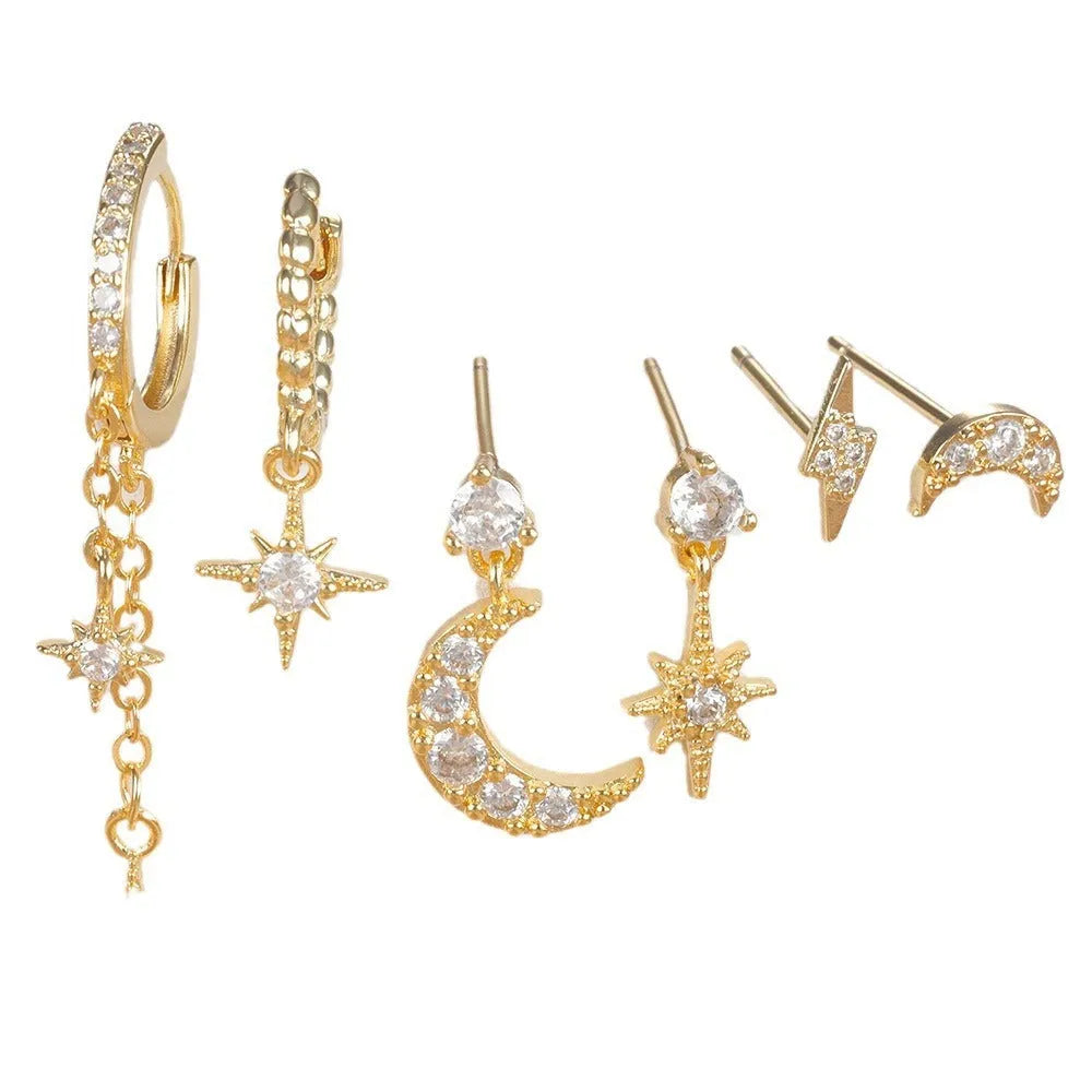 XINGX gold-colour chain tassel and zircon stud earrings set, six pieces, electroplated copper.