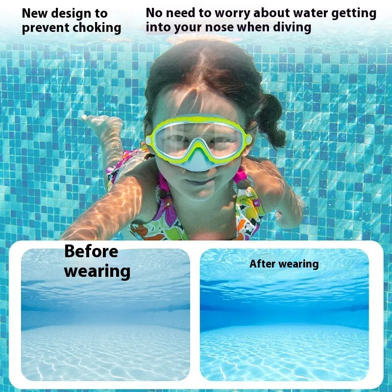 Children's anti-choke swimming goggles with HD anti-fog lens, large frame, blue pink colour