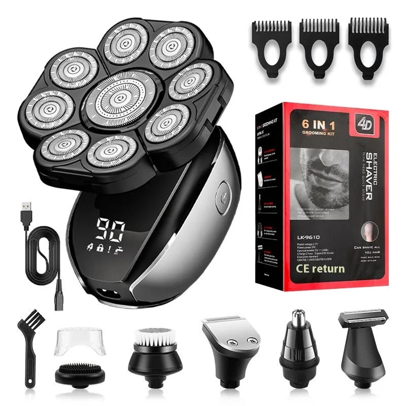 Black 6-in-1 rechargeable haircut suit with shaver, clipper, trimmer, and attachments on a stand.