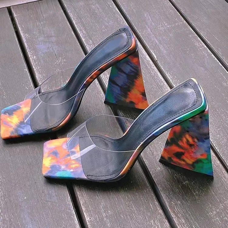 Women's black square toe slippers with a thick triangle high heel on a rubber sole