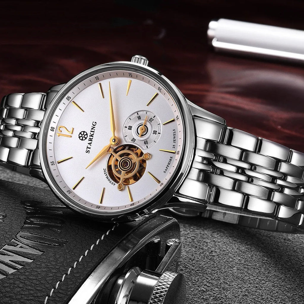 Men's automatic mechanical business watch with hollow dial showing three hands, stainless steel case, and brown leather strap
