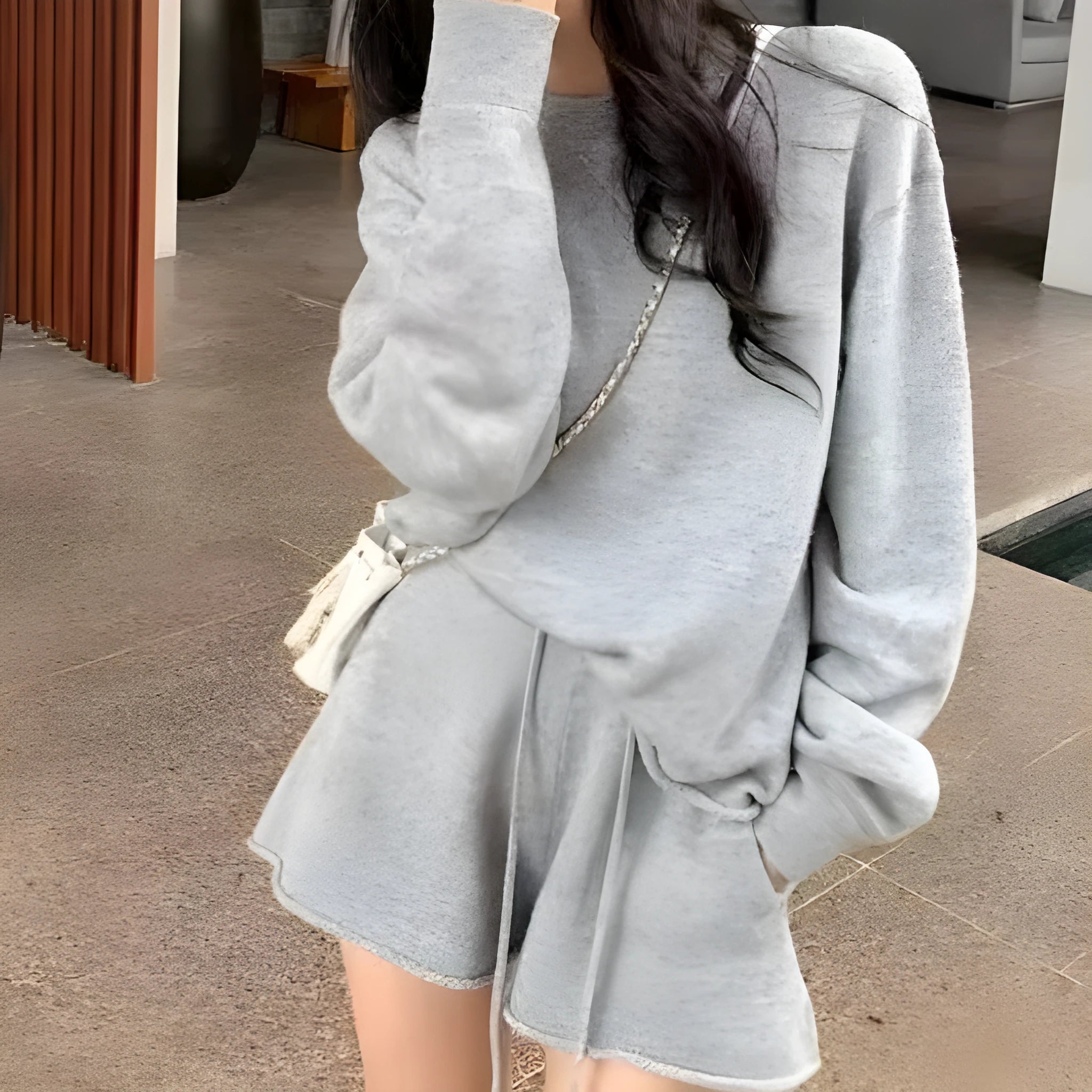 Women's loose-fitting long sleeve sweater and knitted wide leg shorts two-piece set in neutral colours