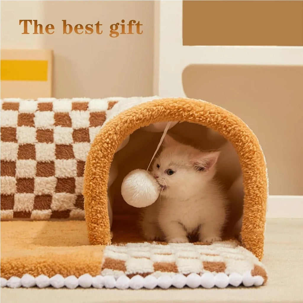 Brown plaid cat tunnel bed with central mat showing fluffy material and non-slip bottom