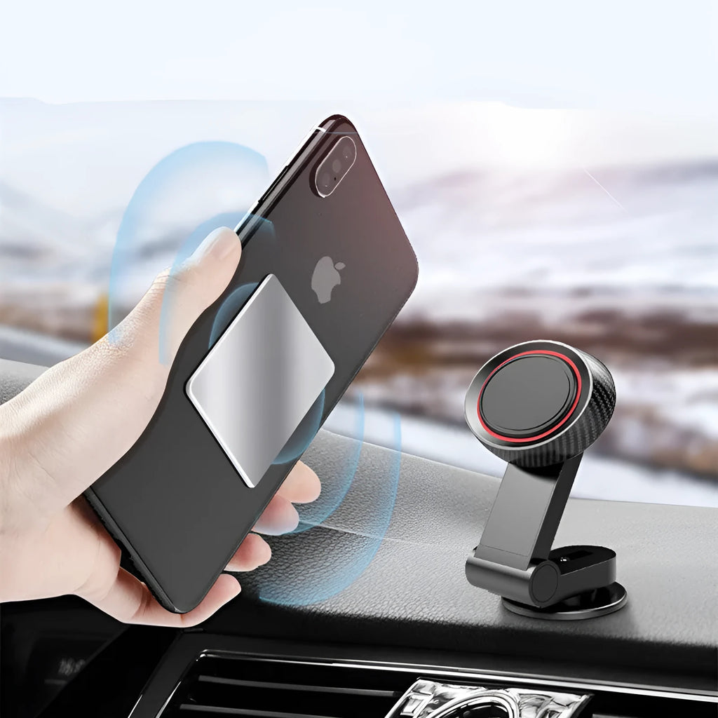 Black 360-degree rotating magnetic car phone holder with extendable arm on dashboard