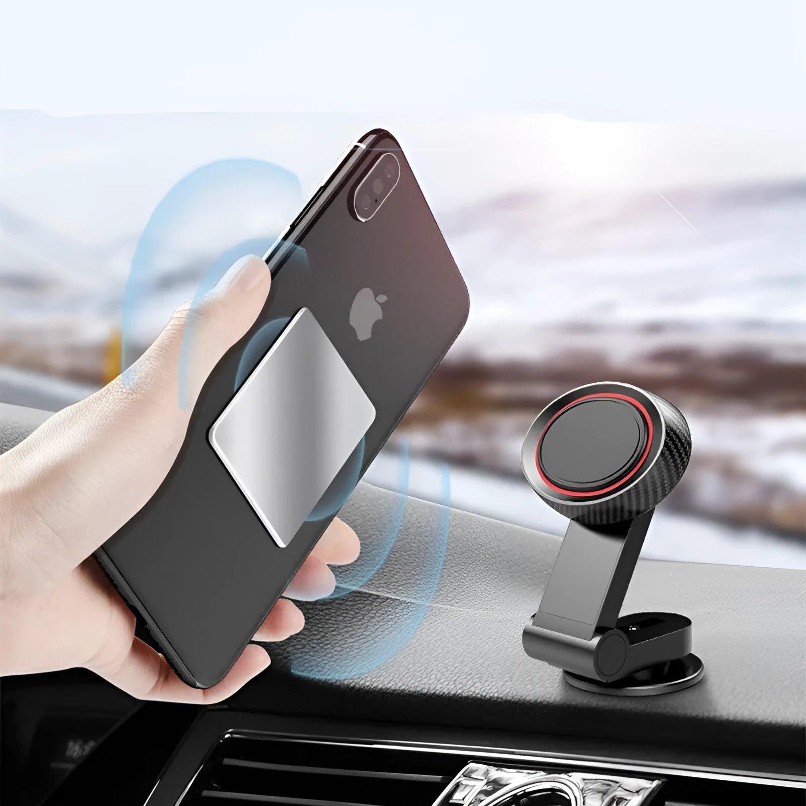 Black 360-degree rotating magnetic car phone holder with extendable arm on dashboard