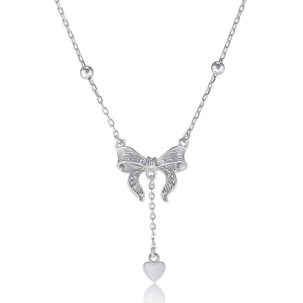 S925 silver heart butterfly clavicle chain necklace with bow pendant