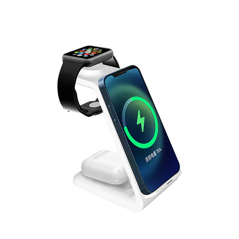 White upright wireless charging stand holding a mobile phone, with a Type-C cable connected.