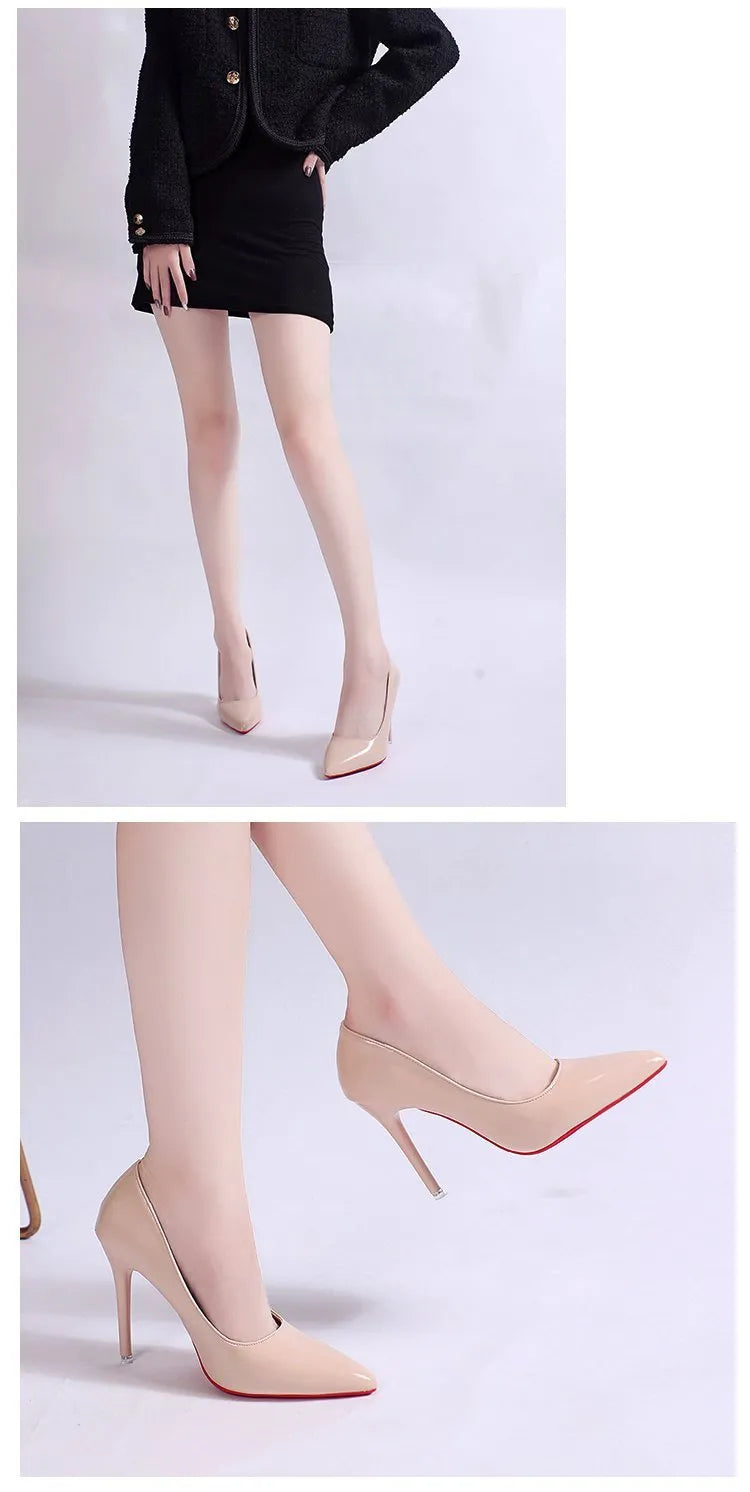Women's black pointed toe stiletto pump with a shallow mouth on a rubber sole.