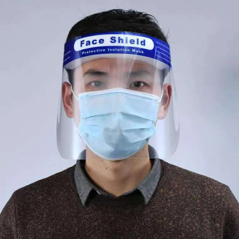 Blue PET head-on anti-splash protective mask for droplet self-protection, available in 100pcs and 5pcs packs