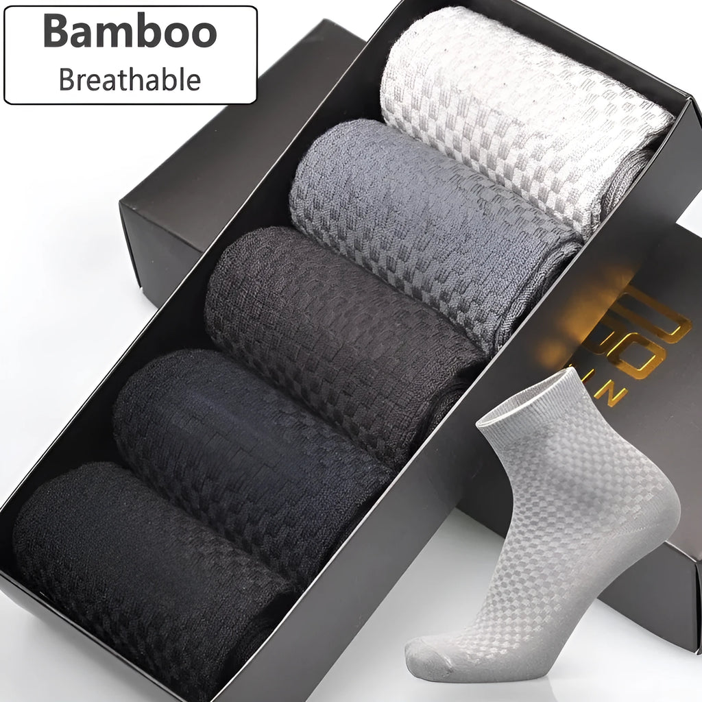 Men's bamboo fibre socks showing small square pattern in black colour with size scale