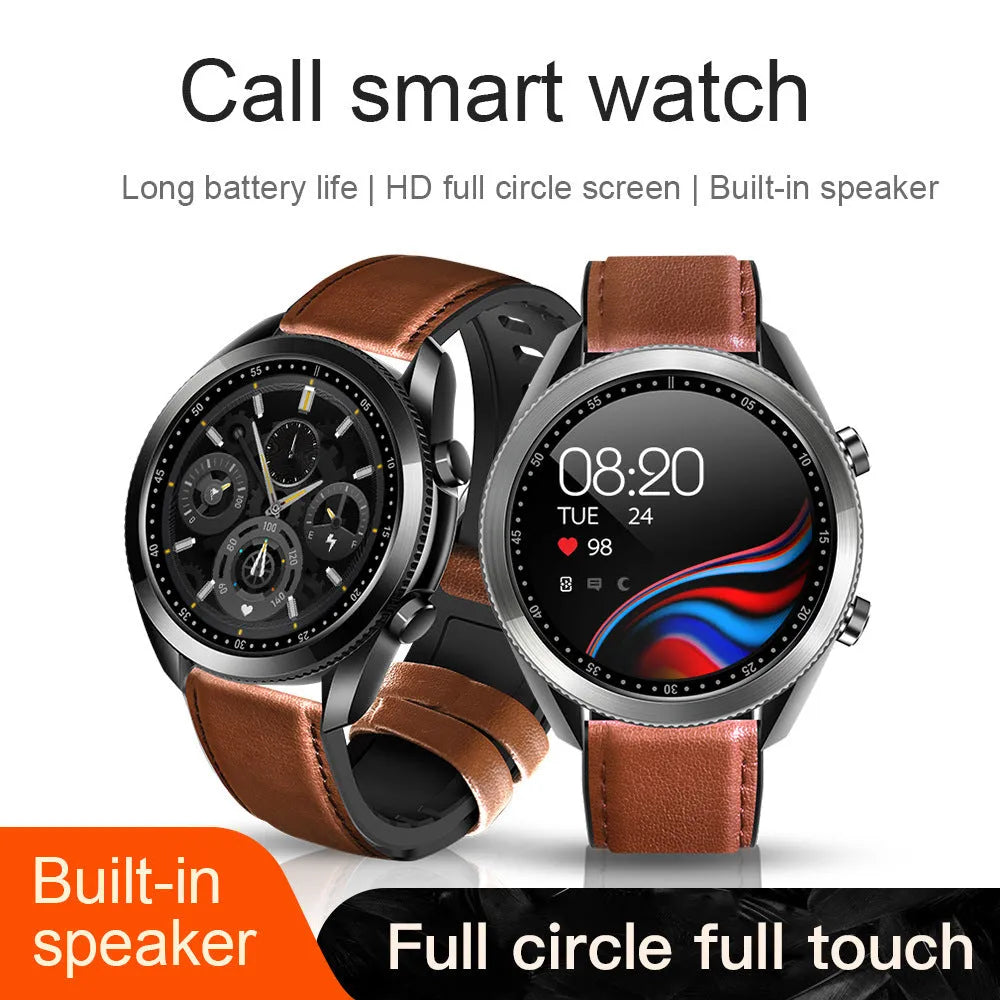 UM90 smartwatch with metal case, leather strap, showing large screen displaying fitness data