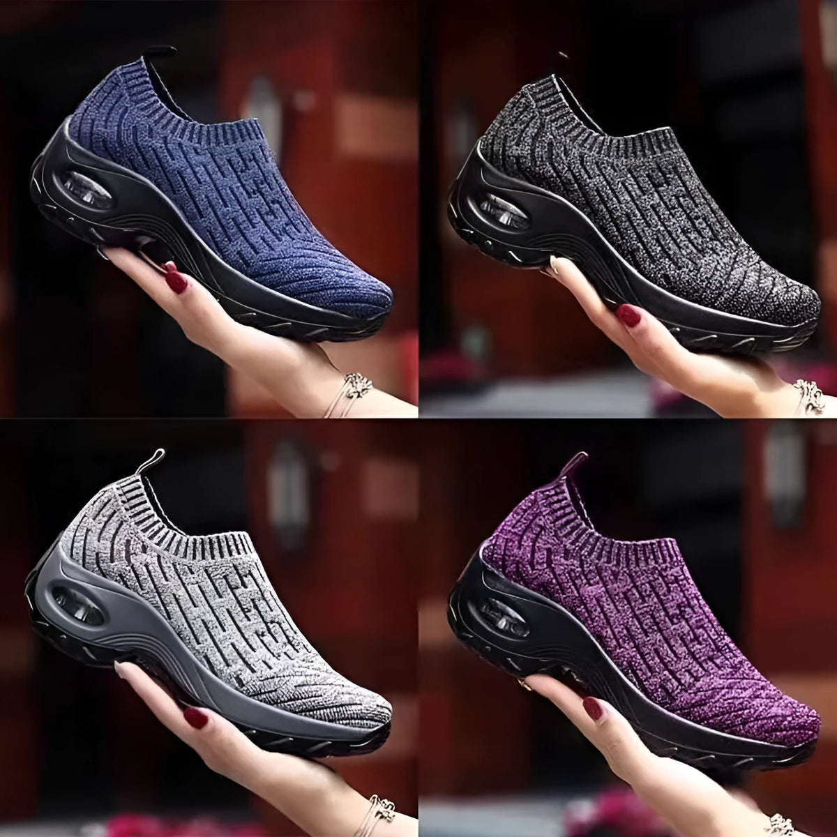 Air cushion slip-on trainers for women, mesh upper, honeycomb insole, non-slip PU sole, black purple grey navy, sizes 35-42