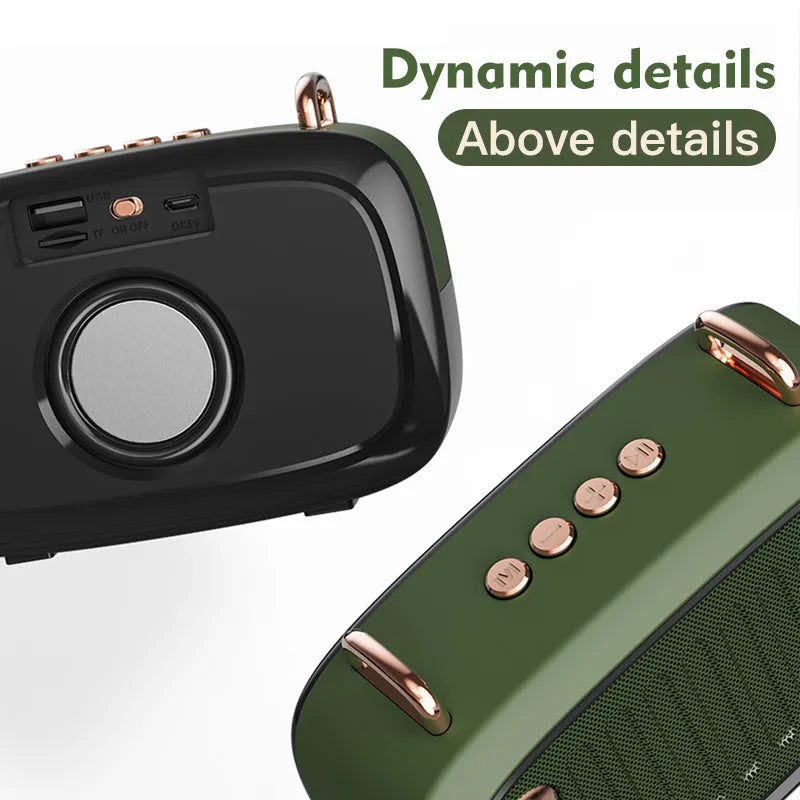 Compact portable mini Bluetooth subwoofer speaker in black, blue, green, grey, or orange, showing USB port and control buttons.