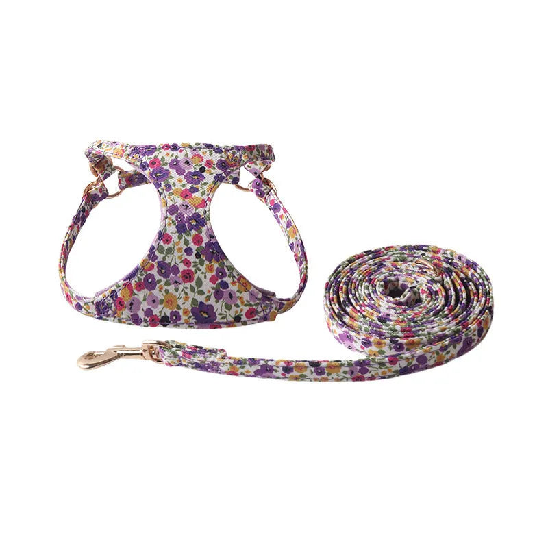 Floral pattern cloth pet harness and leash set for small dogs in multiple colour options