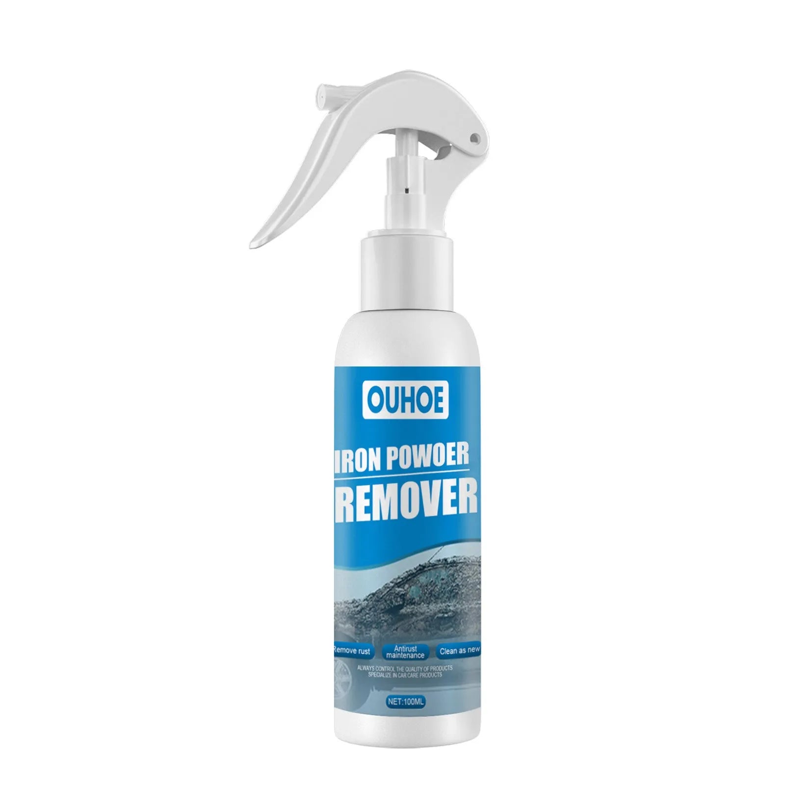 Automotive rust remover spray bottle with iron powder formula for car surfaces