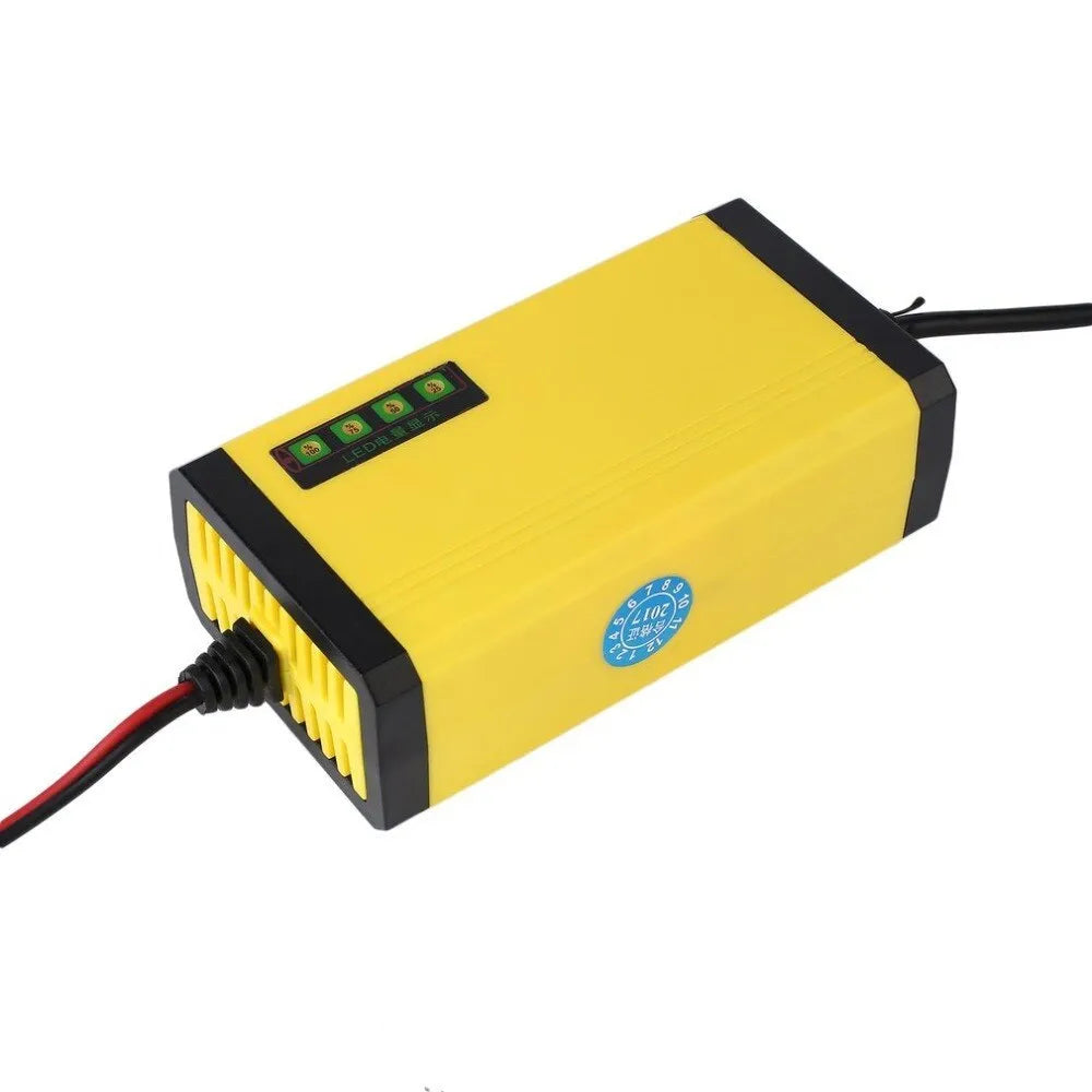 Yellow 12V 2A motorcycle battery charger with ABS body, alligator clips and EU plug